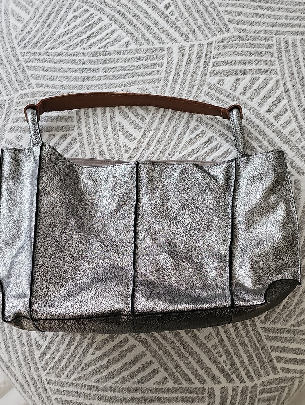 The Sak Metallic Silver Tote Bag with Brown Handle